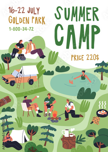 Summer camp, poster design. Invitation card, backpacking and outdoor tourism. Promotion flyer, vertical ad banner, tourists campers relaxing in nature, picnic at campsite. Flat vector illustration