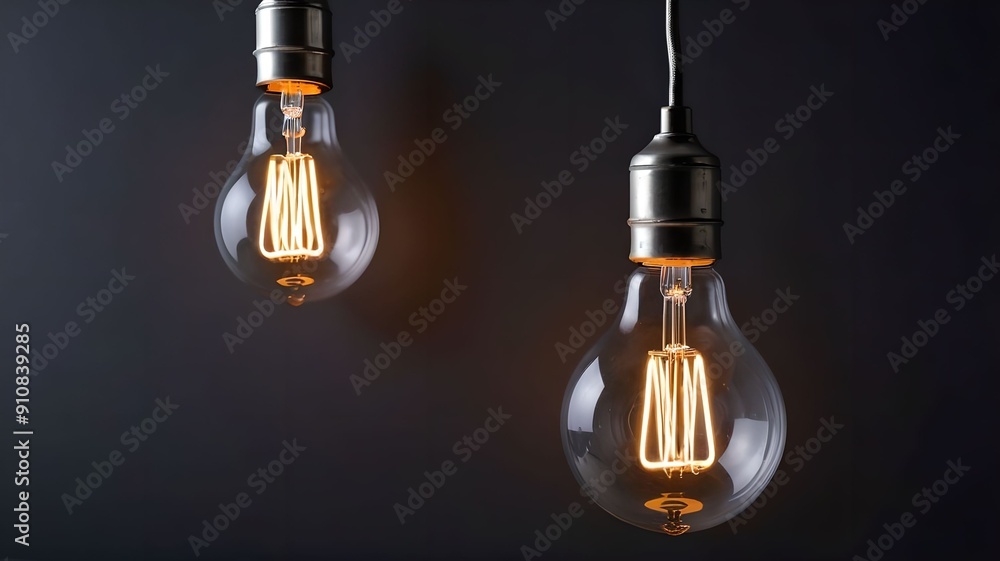 Incandescent lamp glowing on dark gray black wall, copy space. Electricity energy concept, hanging glass technology, illuminated room. Incandescent lamp glowing on dark gray black wall, copy space. Electricity energy concept, hanging glass technology, illuminated room.