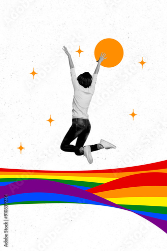 Vertical collage poster happy young girl jump lgbt freedom celebrate support diverse community sexual orientation choice equal rights photo