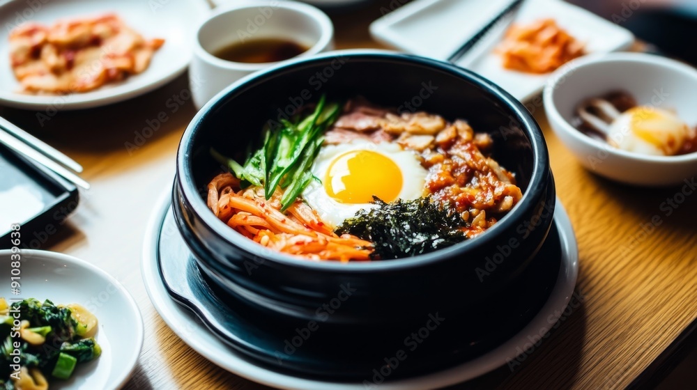 A delicious Korean bibimbap dish served in a hot stone bowl, topped with a sunny-side-up egg, vegetables, and various sides, presenting a traditional meal. A delicious Korean bibimbap dish served in a hot stone bowl, topped with a sunny-side-up egg, vegetables, and various sides, presenting a traditional meal.
