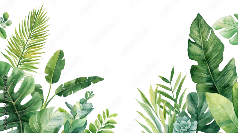 Naklejka premium Tropical Watercolor Botanical Illustration with Palm, Banana Leaves, Succulents, and Hibiscus Flowers for Summer Decor and Fashion Designs