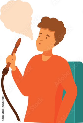 Young man holding traditional narghile pipe, enjoying aroma and blowing smoke