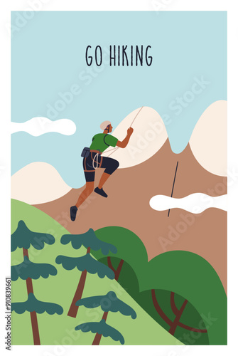 Climbing adventure, poster. Man climber on mountain. Active extreme tourism, hiking, outdoor sport, nature card. Mountaineer, explorer on mount top on summer holiday. Flat vector illustration