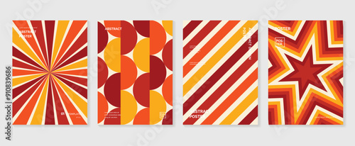 Collection of 70s poster background vector. Set of retro wall decoration, groovy, trippy, colorful line. Vintage hippie wall art for interior, decorative, banner, cover, card.