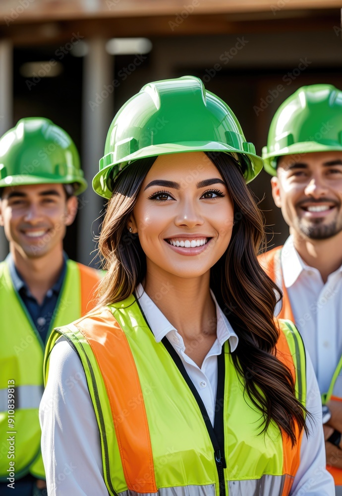 Group of Construction Workers with Green Hard Hats: Spotlight on Smiling Female Worker Group of Construction Workers with Green Hard Hats: Spotlight on Smiling Female Worker