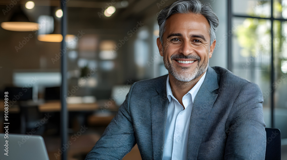 Fototapeta premium Handsome businessman in his 50s, sitting in a modern office, wearing a business suit and smiling in the camera