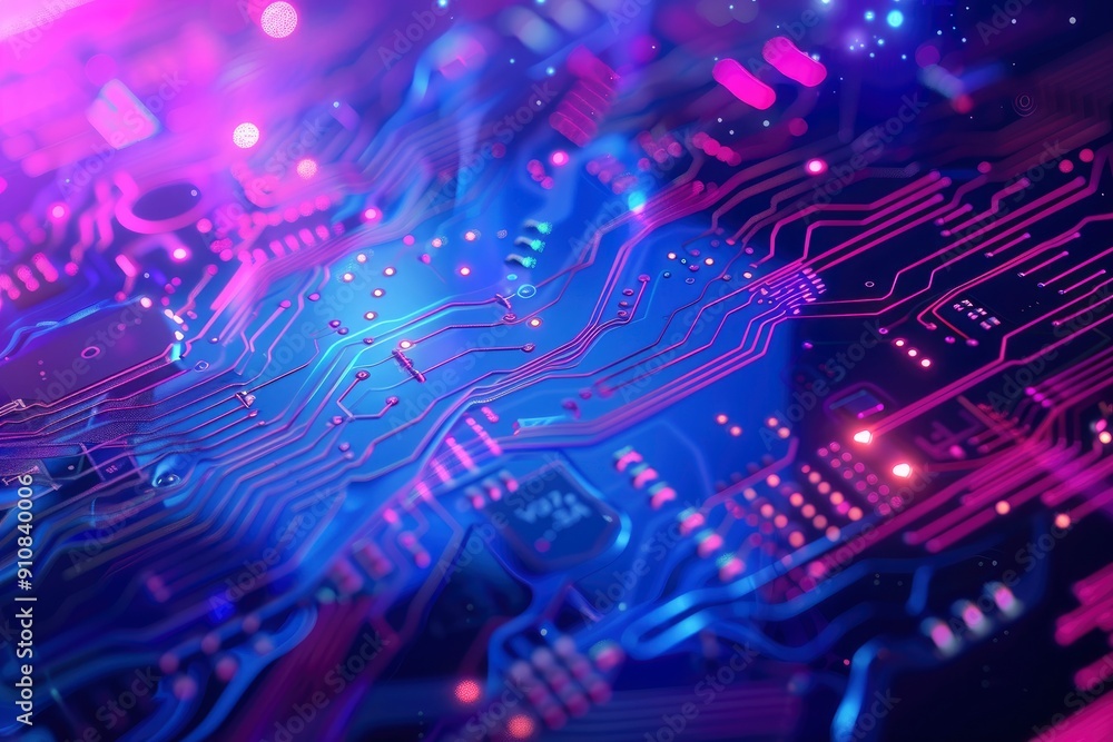 Fototapeta premium Cybersecurity and information technology. Blue, purple background with digital integrated network technology. Printed circuit board. Technology background. 3D illustration, with generative ai