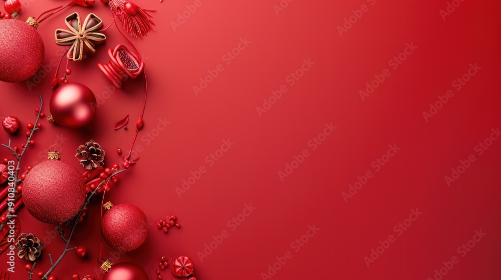 Red Christmas baubles and decorations on a red background with copy space. Red Christmas baubles and decorations on a red background with copy space.