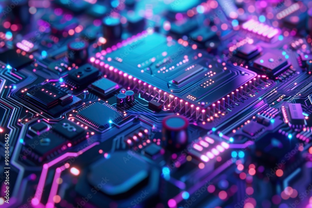 Cybersecurity and information technology. Blue, purple background with digital integrated network technology. Printed circuit board. Technology background. 3D illustration, with generative ai Cybersecurity and information technology. Blue, purple background with digital integrated network technology. Printed circuit board. Technology background. 3D illustration, with generative ai
