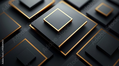 Golden Geometric Shapes Overlapping With Dark Background in Abstract Design