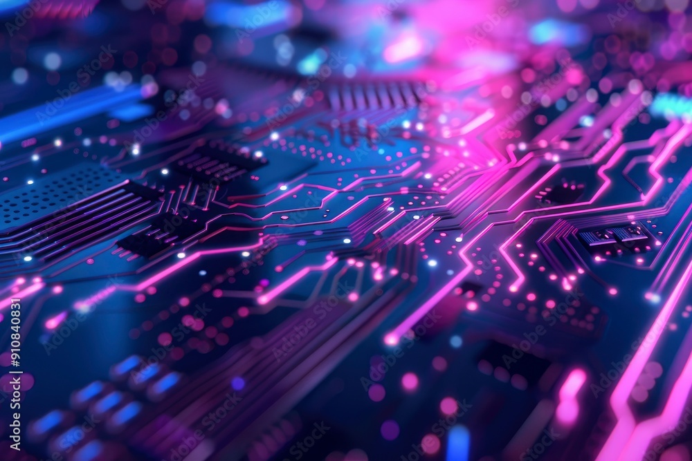Obraz premium Cybersecurity and information technology. Blue, purple background with digital integrated network technology. Printed circuit board. Technology background. 3D illustration, with generative ai