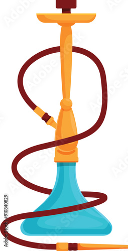 Golden hookah pipe with long brown tube standing on white background
