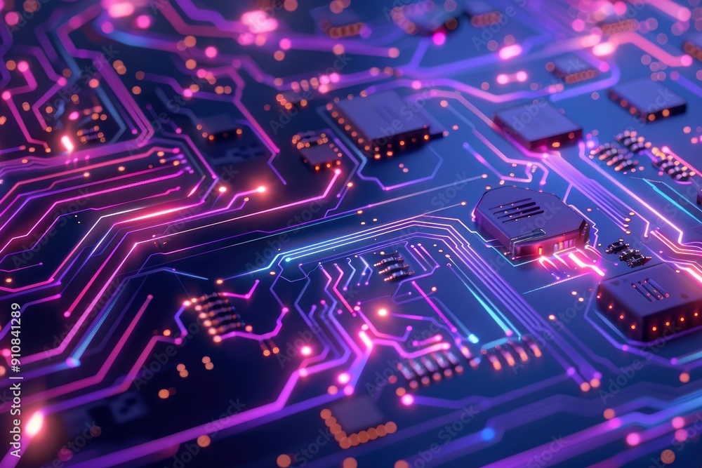 Cybersecurity and information technology. Blue, purple background with digital integrated network technology. Printed circuit board. Technology background. 3D illustration, with generative ai Cybersecurity and information technology. Blue, purple background with digital integrated network technology. Printed circuit board. Technology background. 3D illustration, with generative ai
