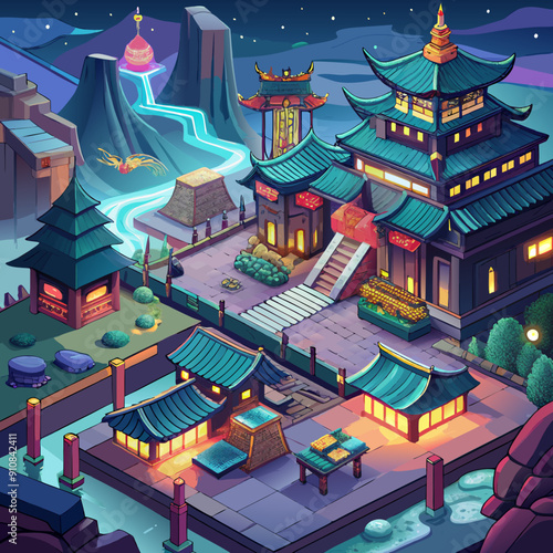 Indie mmorpg china city evening streets  pictured from sky illustration 