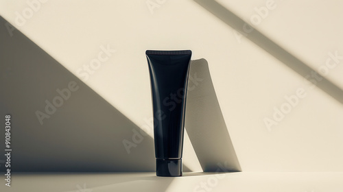 A minimalistic product shot of a black cosmetic tube, standing upright, with a white background