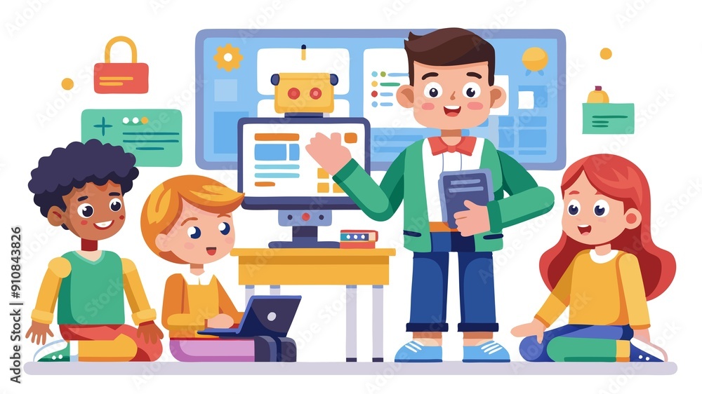 A group of young students engaged in robot programming. The design showcases the fun and excitement of learning to code, making it a perfect image for promoting elementary STEM programs. A group of young students engaged in robot programming. The design showcases the fun and excitement of learning to code, making it a perfect image for promoting elementary STEM programs.