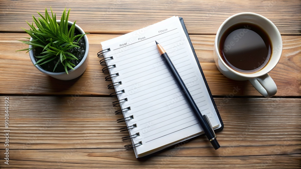 A notebook with resolutions, a coffee cup, and a clean workspace. The design creates a visually striking backdrop for highlighting the importance of combining goal setting with practical planning for A notebook with resolutions, a coffee cup, and a clean workspace. The design creates a visually striking backdrop for highlighting the importance of combining goal setting with practical planning for