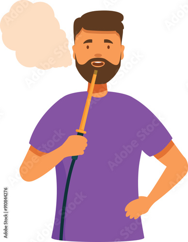 Bearded man in purple t shirt smoking a hookah and blowing a cloud of smoke