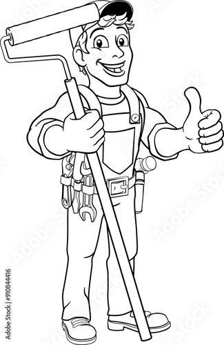 A painter decorator handyman cartoon construction man mascot character holding a paint roller tool