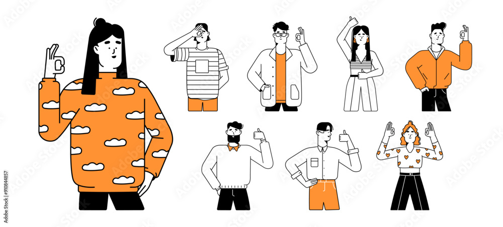 Fototapeta premium People with thumb&nbsp;up or Ok finger sign set. Happy men and women showing approval hand gestures: okay, yes, good, excellent. Nonverbal communication. Flat isolated outline vector illustrations on white