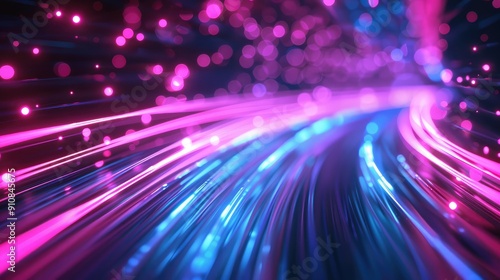 abstract background with pink blue glowing neon lines and bokeh lights. Data transfer concept