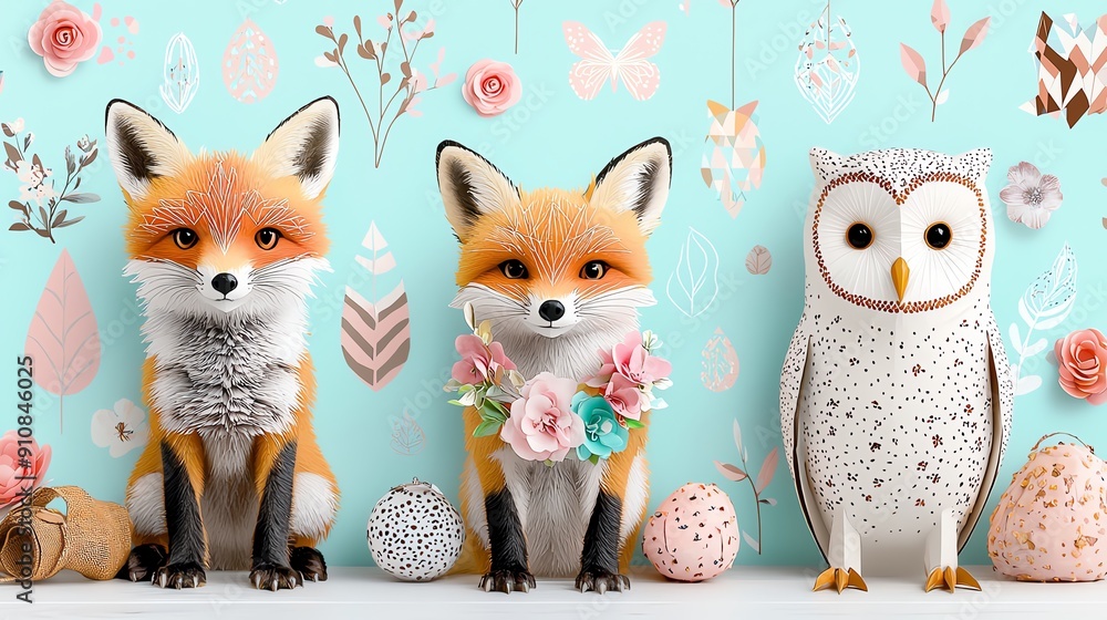 Obraz premium Charming fox and owl figurines adorned with flowers, set against a pastel backdrop with whimsical patterns. Perfect for decor.