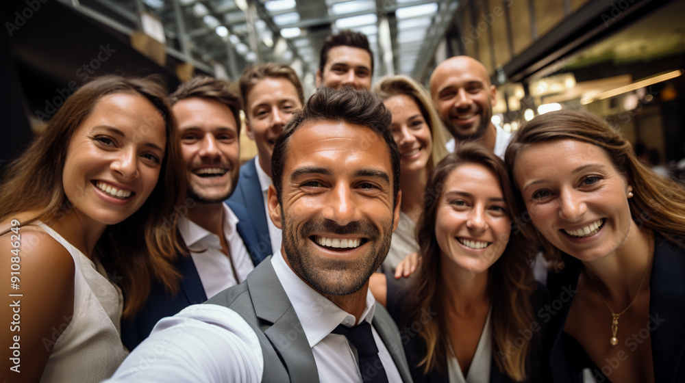 Smiling colleagues taking a selfie at a corporate event for team bonding, photography. Smiling colleagues taking a selfie at a corporate event for team bonding, photography.