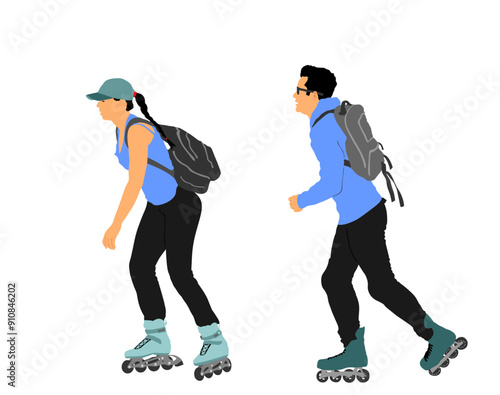 Roller skating couple in love enjoying in ride rolling vector illustration isolated. Skater boy riding wheels with skater girl. Young woman and man rollerblading with backpacks. Outdoor sport activity