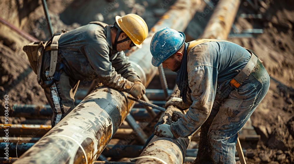Workers in work clothes and helmets are concentrating on installing pipes Workers in work clothes and helmets are concentrating on installing pipes