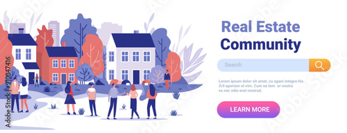 Real estate community people houses nature urban scene colorful trees modern buildings website design