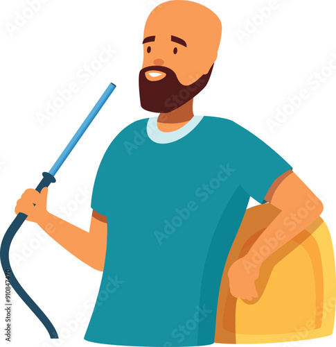 Bearded man is holding a hookah pipe and leaning on a yellow object