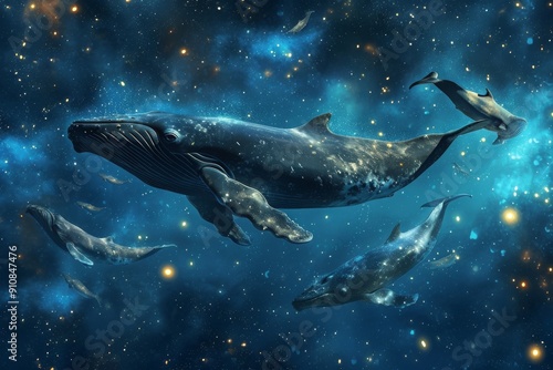 A Group of Dolphins Swimming in the Ocean, Surrealistic scene of whales floating in a starry sky, nestled in the heart of the ocean, AI Generated