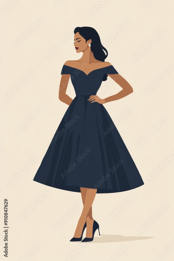 Fototapeta premium Minimalism illustration, a South Asian woman, wearing a refined navy blue dress with a sweetheart neckline and A-line skirt, standing with one hand resting gently on her hip, elegant fashion, boho