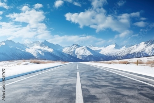 Wallpaper Mural Straight asphalt highway road and snow mountains with sky clouds natural landscape. car background with generative ai Torontodigital.ca