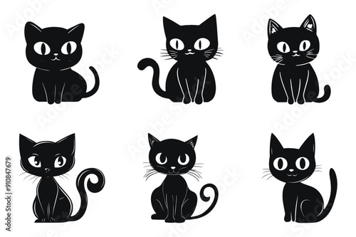Black cats with spooky expressions and poses, vector cartoon illustration. Set of six black cat silhouettes, perfect for Halloween themes and decorations.