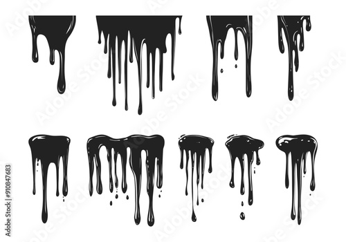 Dripping blood liquid borders silhouette in black ink style, vector cartoon illustration. Set of different dripping patterns for horror and spooky themes.