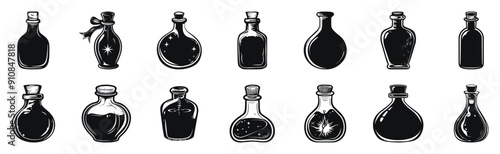 Vintage potion bottle vector silhouette illustration. Collection of mystical bottles with skulls, stars, and hearts in black and white.