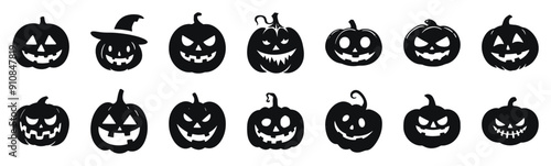 Halloween jack-o-lanterns vector silhouette illustration. Collection of spooky pumpkin faces with various expressions in black and white.