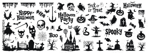 Halloween elements collection vector cartoon illustration. Assorted spooky icons including skulls, ghosts, bats, and haunted house with text Happy Party, Trick or Treat, Boo, Spooky black and white.