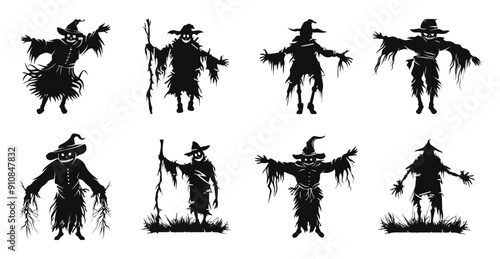 Halloween scarecrows vector silhouette illustration. Collection of creepy scarecrow with witch hats and tattered clothes in black and white.