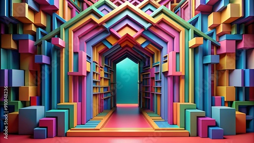 A vibrant and dynamic entrance archway formed by interconnected geometric shapes, each pulsating with a unique, luminous col  generative AI photo