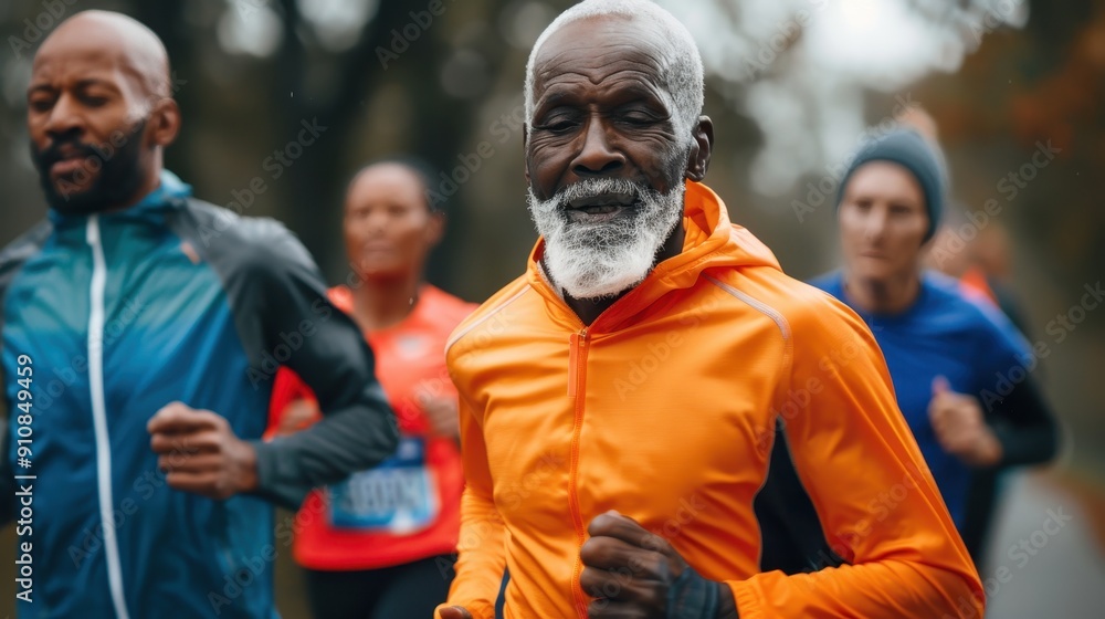 A group jogs through an autumn park, featuring an elderly man in an orange jacket enjoying the run A group jogs through an autumn park, featuring an elderly man in an orange jacket enjoying the run