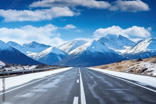 Wallpaper Mural Straight asphalt highway road and snow mountains with sky clouds natural landscape. car background with generative ai Torontodigital.ca