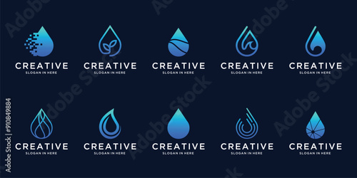 Set collection of  Water Drop , digital, wave, Vector Logo Design.Eco Bright Natural Energy Minimalist 