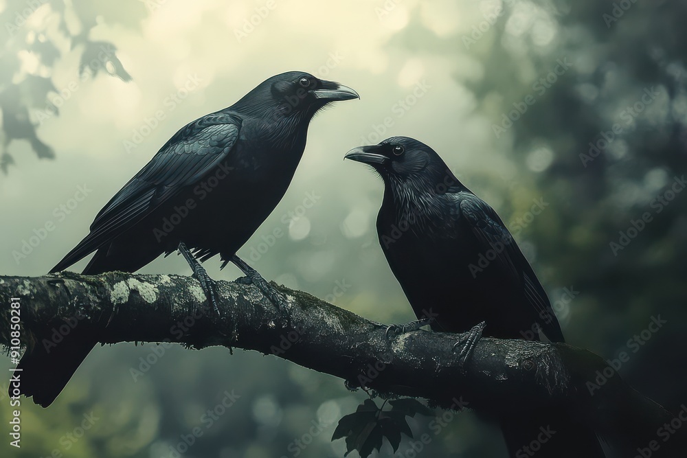 Two black ravens perched on a branch in a foggy forest, communicating with each other on a moody, misty day. Two black ravens perched on a branch in a foggy forest, communicating with each other on a moody, misty day.