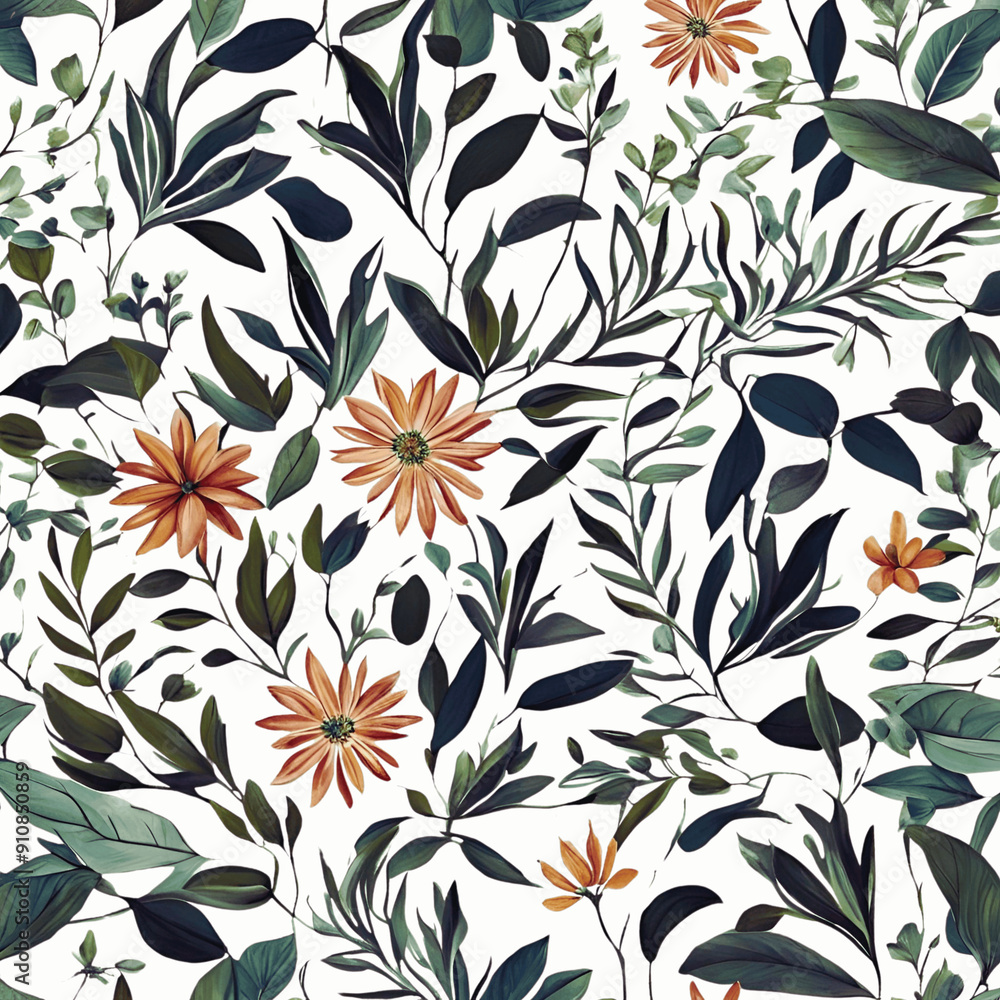 flower pattern, white bachground, plants green, style boho - 1 flower pattern, white bachground, plants green, style boho - 1