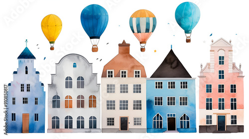 Watercolor Illustration of Colorful Houses with Hot Air Balloons - Perfect for Greeting Cards, Invitations, and More