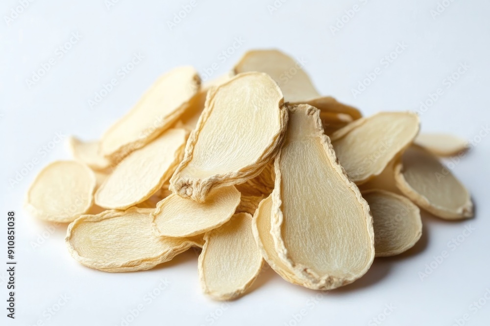 Photo of Dried ginseng sliced on white background , Concept of ginseng extract , Generative AI Photo of Dried ginseng sliced on white background , Concept of ginseng extract , Generative AI