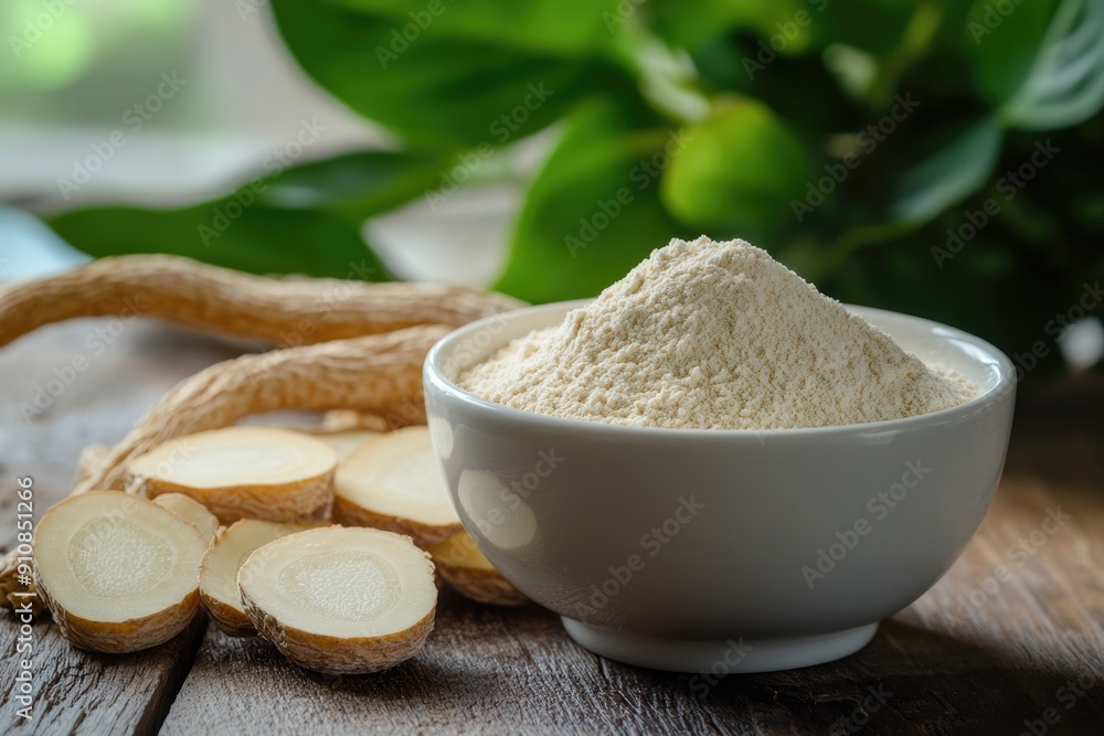 Photo of Ginseng extract is in a white cup, ginseng are placed beside it on a wooden table , Generative AI Photo of Ginseng extract is in a white cup, ginseng are placed beside it on a wooden table , Generative AI