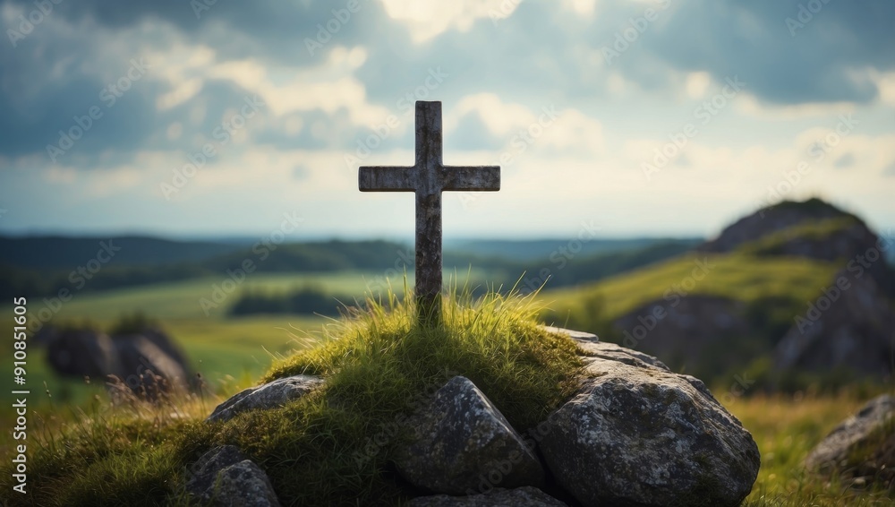 Cross with grass, on the rock, sky background. Cross with grass, on the rock, sky background.